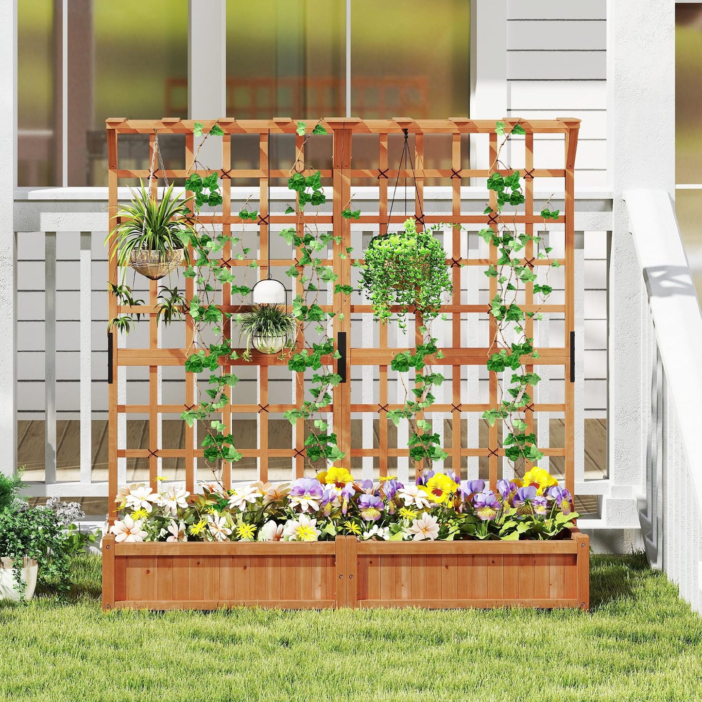 Toolsempire 72" Raised Garden Bed with Lattice Trellis, Hanging Roof & Drainage Holes, Elevated Wooden Planter Box for Vine Climbing Plant, Flower, Herb & Vegetable