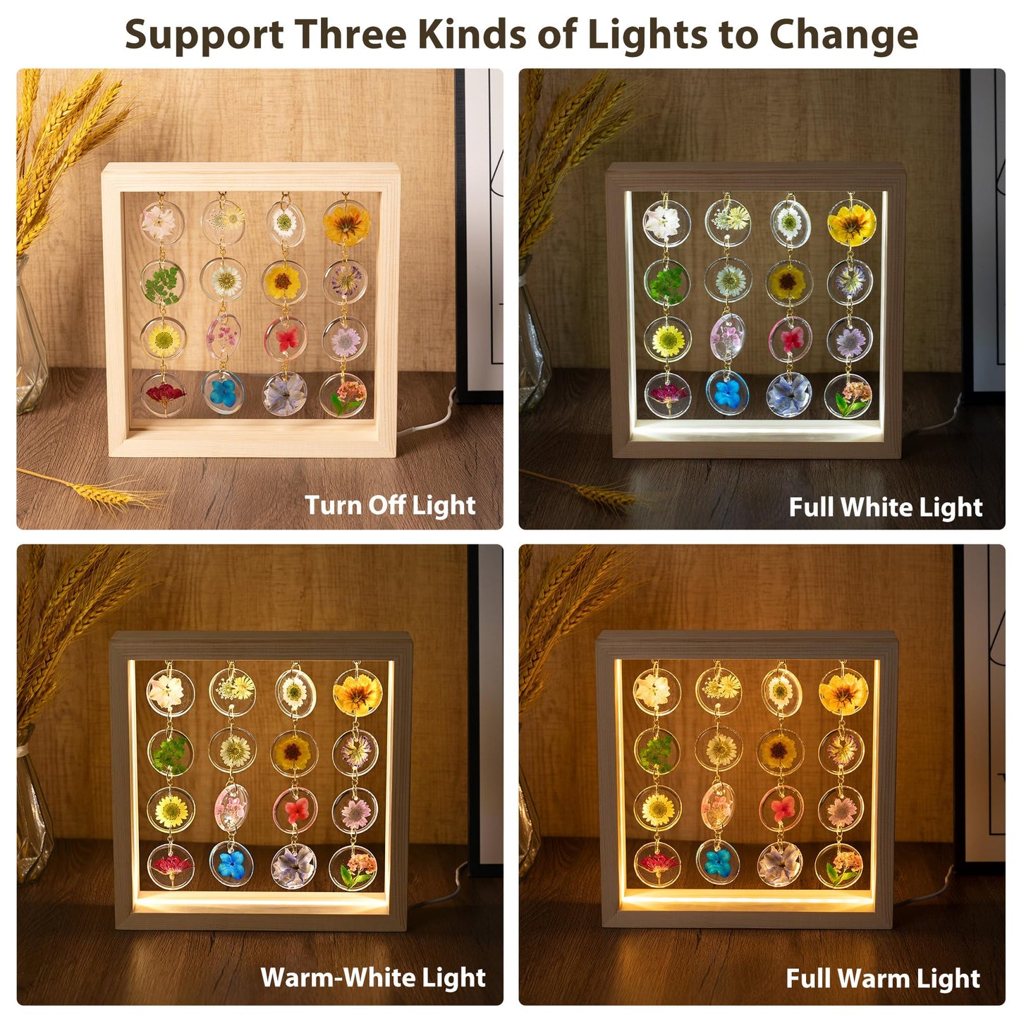 SMUK Handmade Dried Flower LED Desk Lamp, 3 Way Dimmable Cute Pressed Flower Bedside Lamp with Wooden Frame for Desk, Table, Bedroom, Living Room, Office, Aesthetic Cute Table Lamp