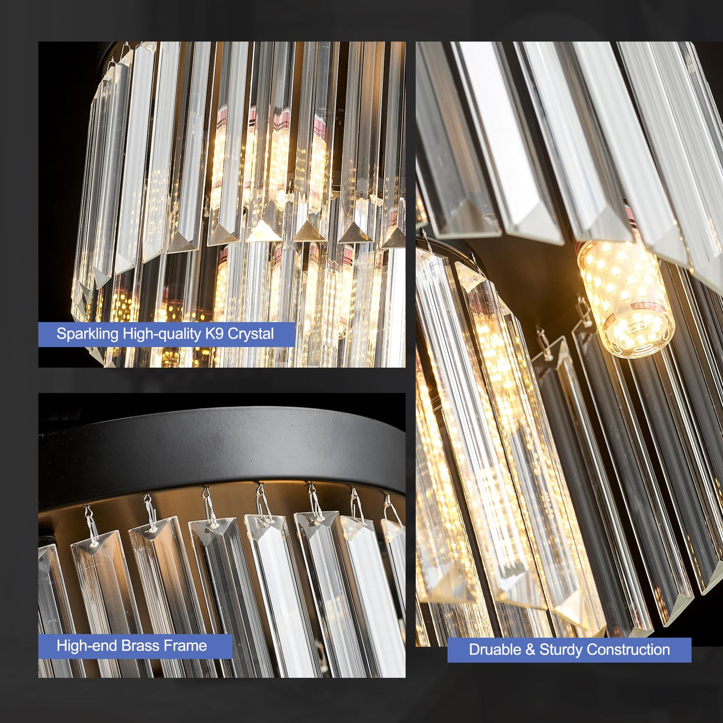 Faibra 21.65" Black Crystal Ceiling Light 10-Light Modern Crystal Ceiling Light Fixture 3-Tier Luxury K9 Crystal Ceiling Light,for Dining Room Kitchen Island Living Room Bedroom