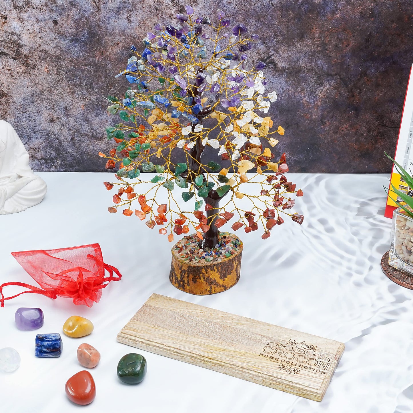 Crocon® 7 Chakra Tree of Life Crystal with Seven Chakra Tumbles, Wooden Decor Base Tray, Handmade Gemstone Birthday Gifts for Women Men Friends Crystal Decorations, Spiritual Gifts, Feng Shui Decor