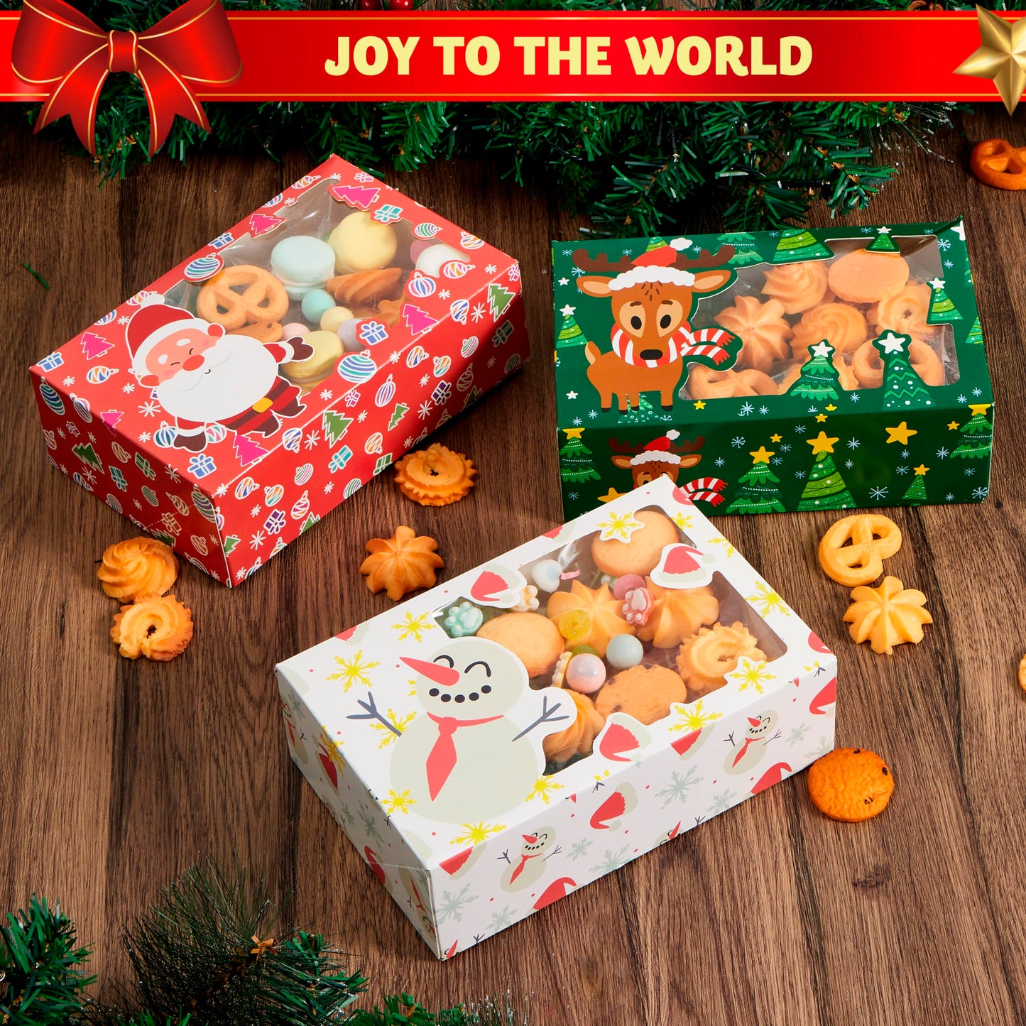 JOYIN 24 PCS Christmas Foil Treats Cookie Gift Boxes (8.75" x 5.75" x 2.75") Colorful Pattern Bakery Box with Window for Xmas Holiday Birthday Party Pastries, Cupcakes, Brownies, Donuts Gift-Giving