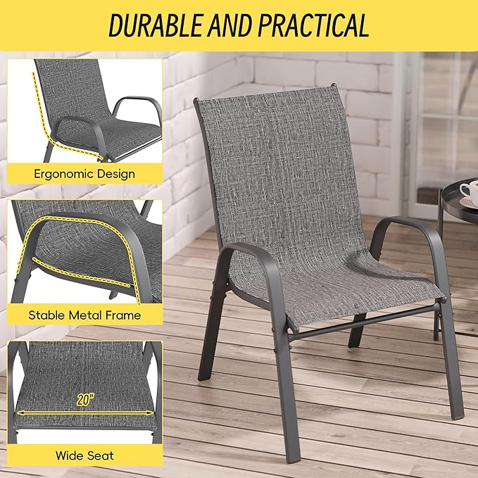 Betterhood Patio Chairs Set of 6, Stackable Outdoor Dining Chairs Set with Breathable Seat Fabric, All-Weather Powder-Coated Metal Frame for Deck, Pool Side and Backyard, 350LBS Capacity