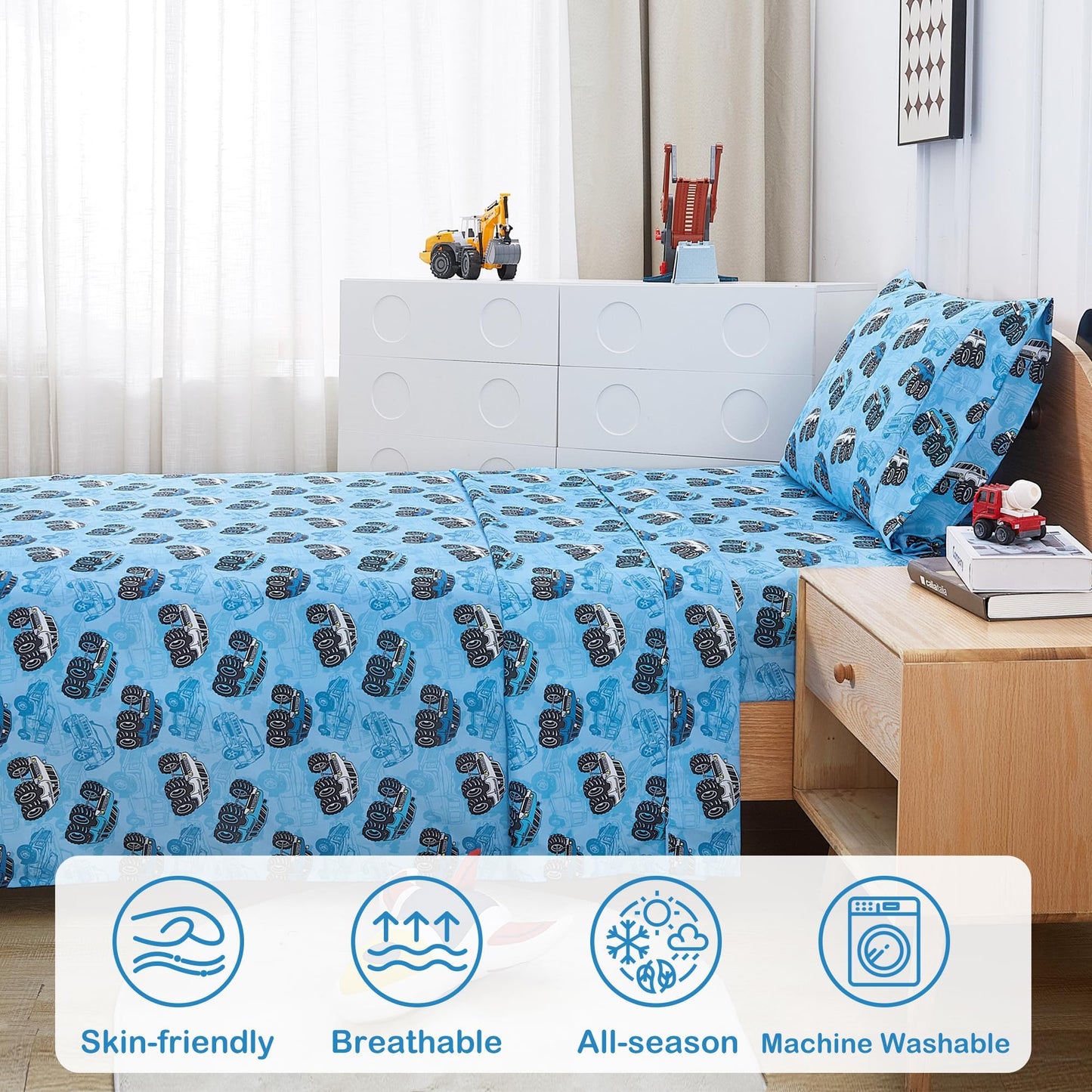 Softan Kids Bed Sheet Set, Boys Twin Size Sheets, Microfiber Kids Fitted Sheet and Pillowcase, Breathable and Silky Soft, 3 Piece Jeep Trucks Printed Twin Bed Sheet