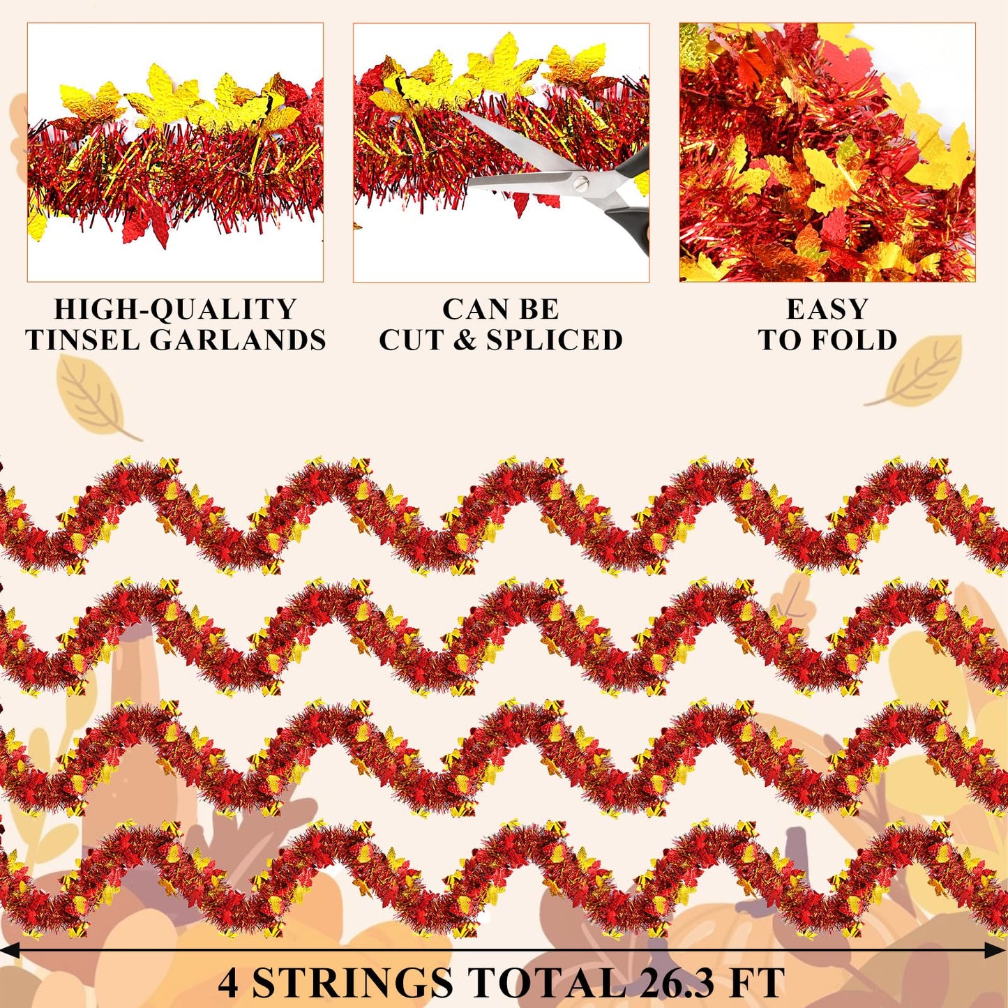 4 Strings Total 26.4 FT Thanksgiving Maple Leaf Tinsel Garlands – Each 6.6 FT Red Gold Metallic Fall Leaf Garland for Autumn, Harvest, and Thanksgiving Party Decorations