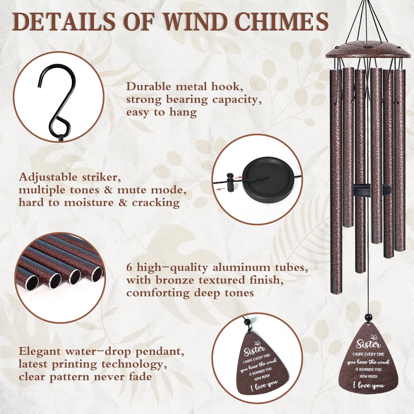 Sister Gifts, 32" Bronze Wind Chimes, Sister's Birthday Gifts from Sisters Brother, Sisters in Law Gift, Best Sister Ever Gift for Women Birthday Christmas Mother's Day, Home Decor