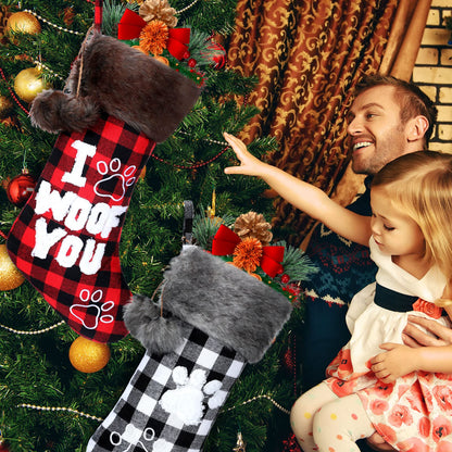 Skylety 2 Pieces Christmas Pet Dog Stocking 20 Inch Buffalo Plaid Christmas Stockings Plush Faux Fur Cuff Christmas Hanging Ornament with Letter and Dog Paw for Xmas Decoration (Black Red,Black White)