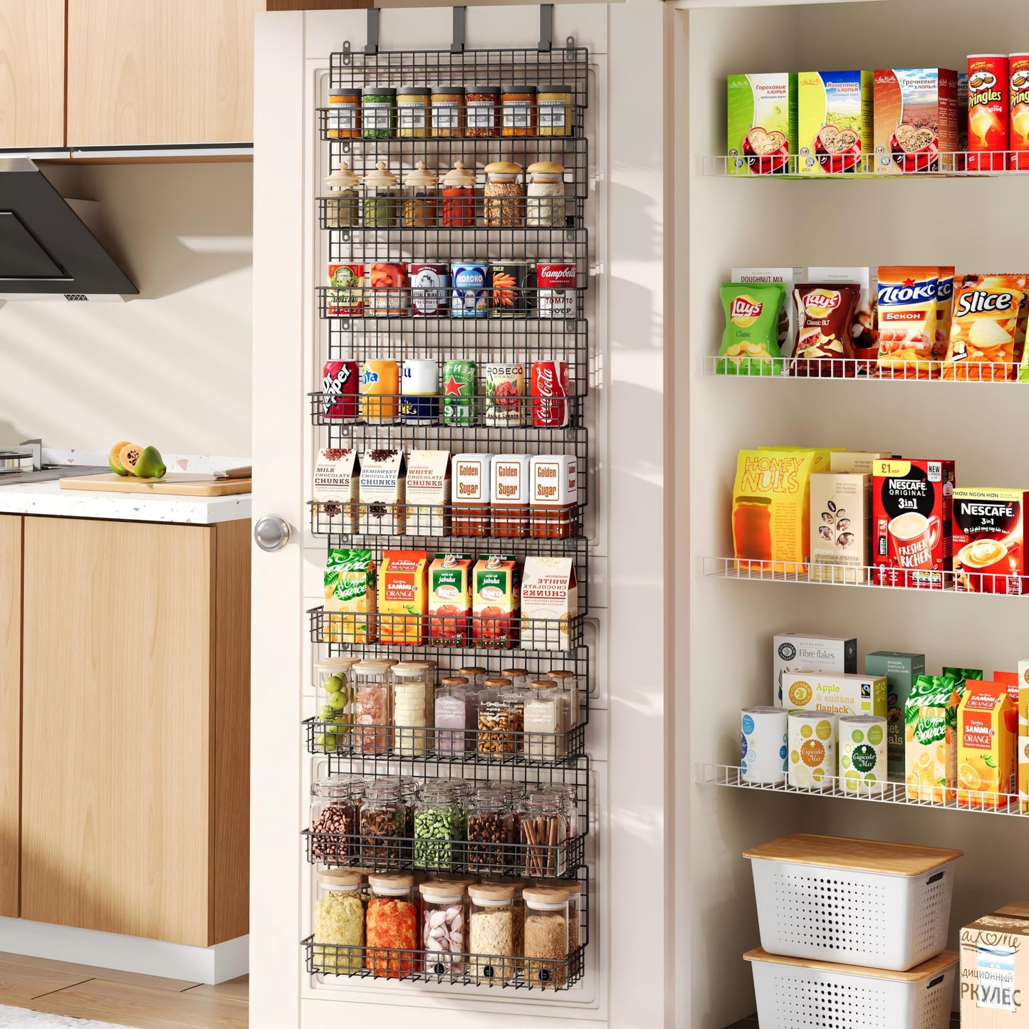 JKsmart 6-Tier Spice Rack Organizer with Door Hook, Wall Mounted & Over the Door Spice Racks for Kitchen Pantry Door Cabinet, Two Size, Large Capacity, Black