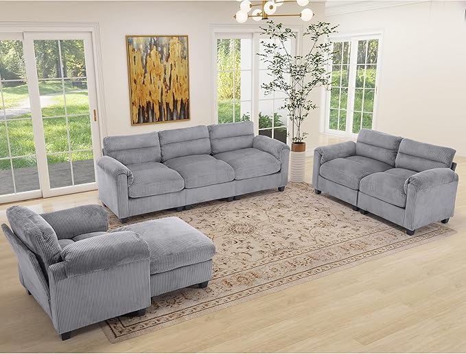 HAOMARKETS Corduroy Sofa Set, Upholstered Armchair, and 3-Seater Couch