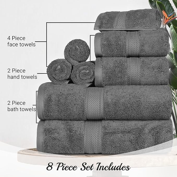 SUPERIOR Egyptian Cotton Pile 8 Piece Towel Set, Includes 2 Bath, 2 Hand
