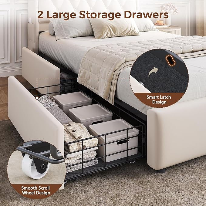 Twin LED Velvet Bed Frame with 2 Storage Drawers&Hidden Headboard, Upholstered