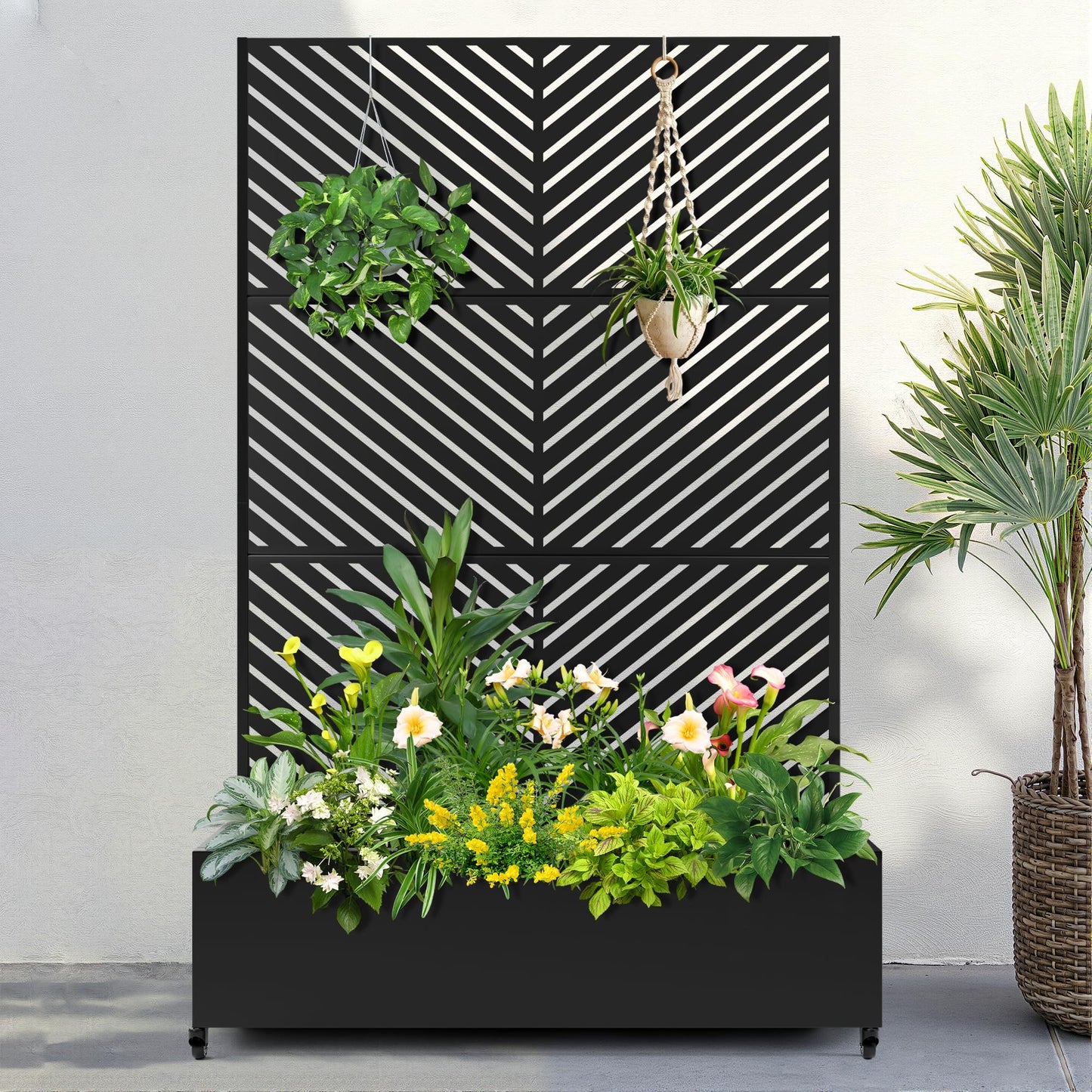 FENCY Metal Raised Garden Bed with Wheels and Trellis,73"x47"x16" Planter Box for Climbing Plants, Vegetables & Vines, Features Privacy Screen and Drainage Holes (Black-Arrow)