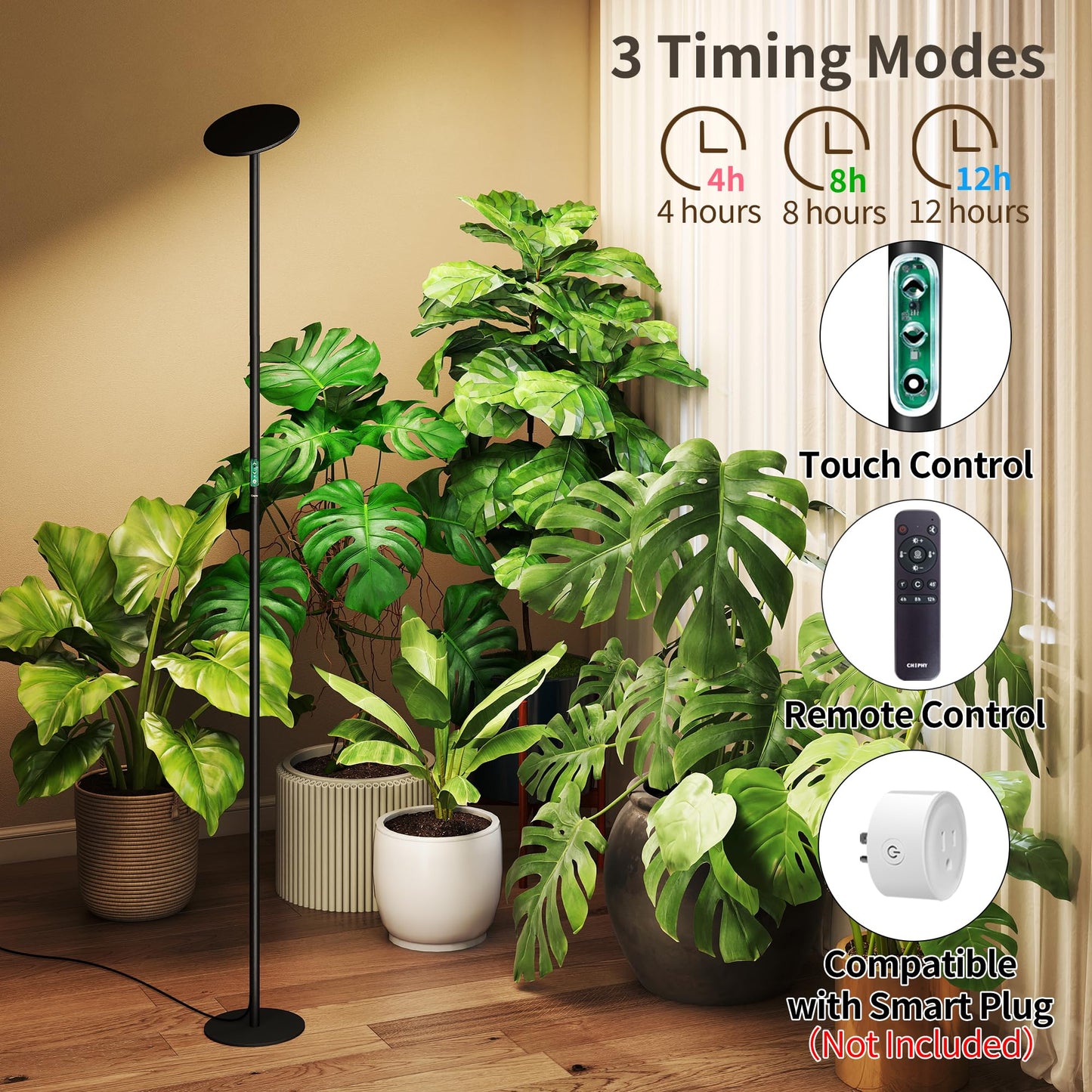 chiphy 85" Tall Grow Light for Large Indoor Plants, 60W Full Spectrum Plant Light with 4/8/12H Timer & Remote, 10-Level Dimmable, Height Adjustable, Ideal for Large Tall Plants & Indoor Trees