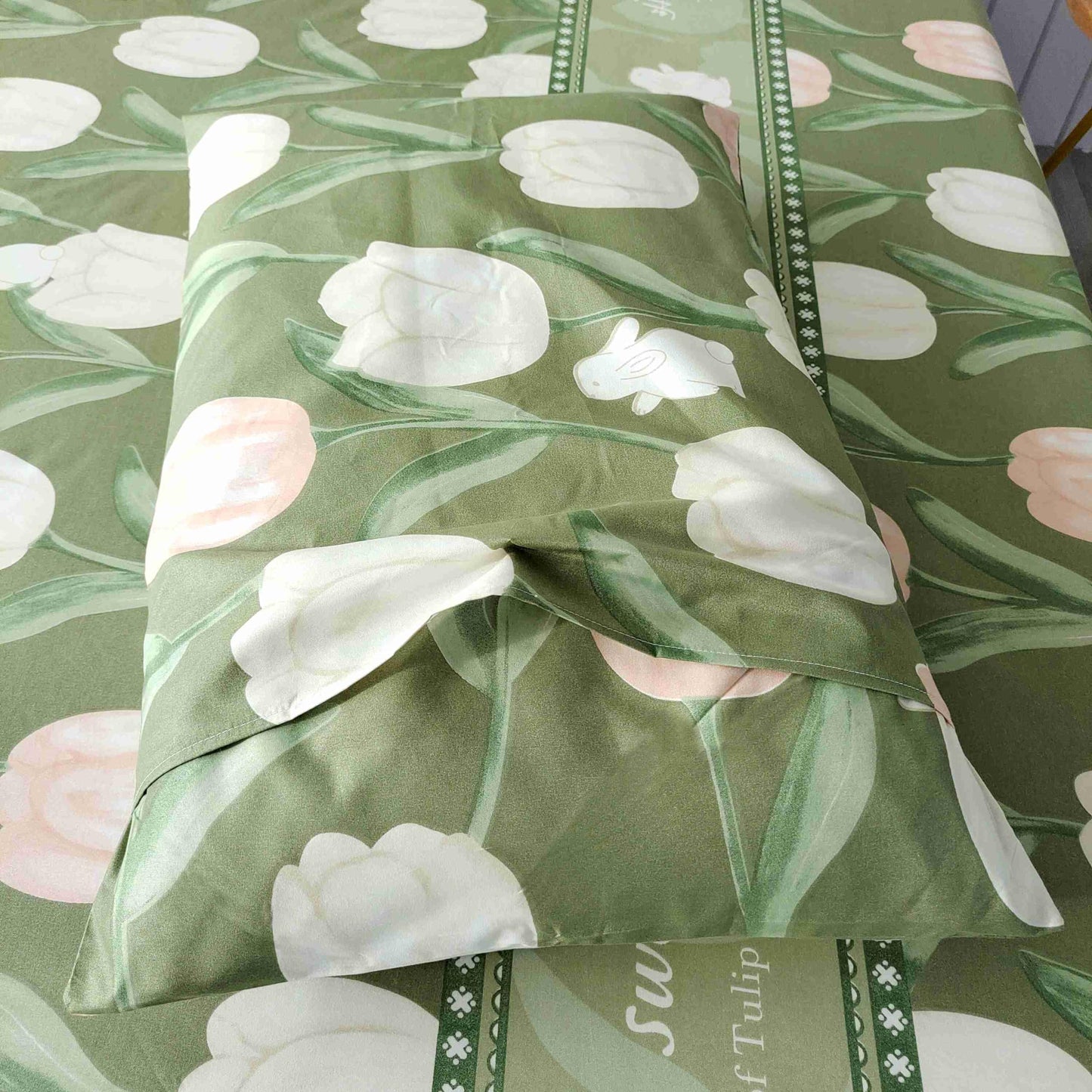 SDIII 4PCS Rabbit and Green Floral Bed Sheets Twin Set, Soft Microfiber Twin Bed Sheets Floral, Botanical Bedding Sheet All Season