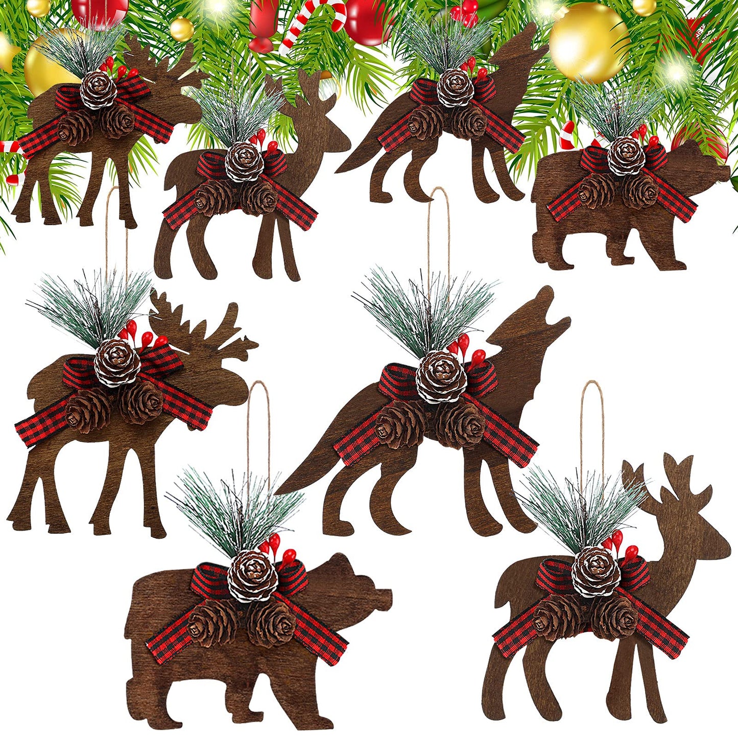 Blulu 8 Pcs Rustic Woodland Christmas Ornaments with Buffalo Plaid Bow Farmhouse Wooden Christmas Decorations for Tree Wooden Animal Hanging Ornaments for Xmas Home Decor(Classic Style)