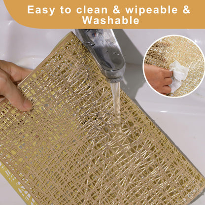 Snowkingdom Gold Placemats Set of 4, Golden Vinyl Rectangle Metallic Wipeable Place mats, Washable Easy Clean Non Slip Stain Resistant Hollow Kitchen Dining Table Mats for Wedding Party Decoration