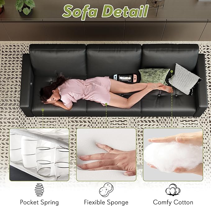 STHOUYN 73” Black Faux Leather Sofa Couch, Modern Comfy Office 3 Seater Couch
