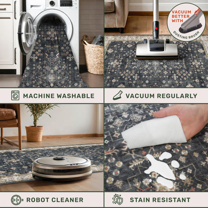 Black Boho Washable 2x6 Runner Rugs for Hallway Kitchen Bedroom Beside Laundry Room Bathroom Rug, Pet & Kids Friendly, Non Slip Low Pile Stain Resistant Soft Foldable Long 24 x 72 Floor Carpet