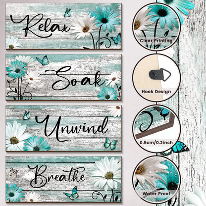 Sunnyray 4 Pcs Farmhouse Bathroom Wall Decor Sign Spring Daisy Tulip Flowers and Butterfly Bathroom Wall Art Relax Soak Unwind Breathe Rustic Wood Plaque Decor(10 x 4 Inch,Turquoise)