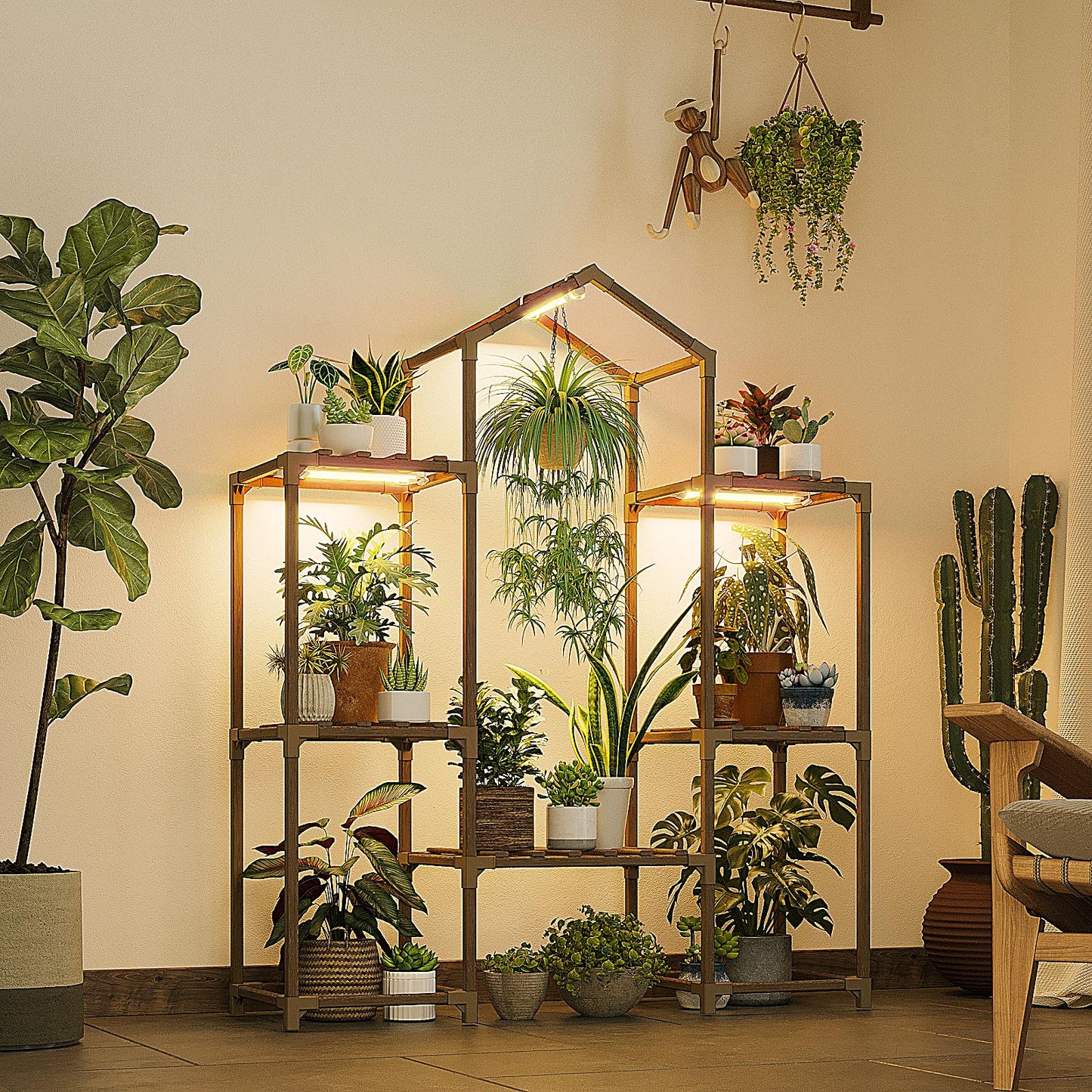 Bamworld Plant Stand Indoor with Grow Lights Wood Plant Shelf for Hanging Planter Pots Display Flower Stand for Living Room Patio Garden Decor