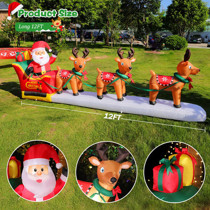 12FT Long Christmas Inflatables Santa Claus on Sleigh with 3 Reindeer Yard Decoration, Cute Blow Up Santa Xmas Decor with Bright LED Lights for Outdoor Garden Lawn Home Holiday Party
