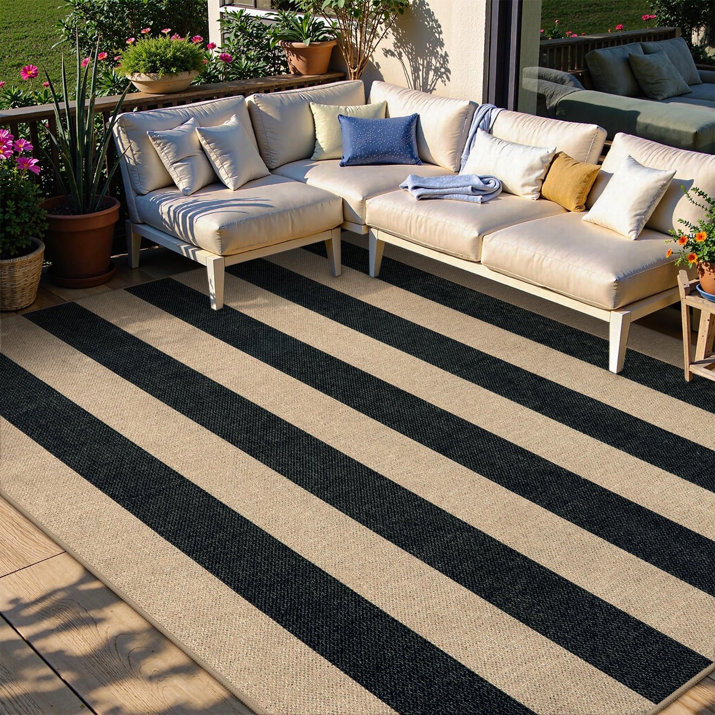 Lahome Elance Striped Easy Jute Dining Room Rug, 6x9 Indoor Outdoor Rugs for Patio Living Room, Farmhouse Neutral Non Slip Low Pile Black Carpet for Bedroom Office Backyard Classroom