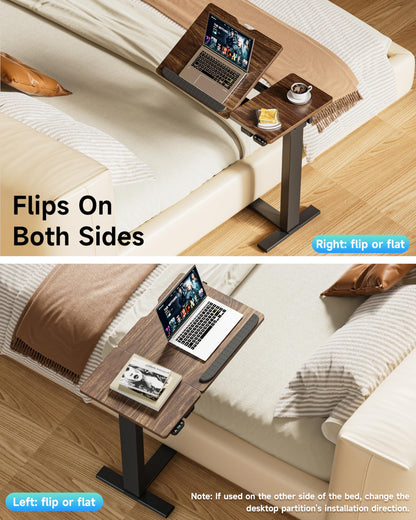 BIZUM Small Electric Standing Desk, Overbed Table Wireless Tilt Top with Hidden Wheels, 27.6×15.8 Inch Adjustable Rolling Laptop Desk, USB-C Rechargeable Battery, Walnut