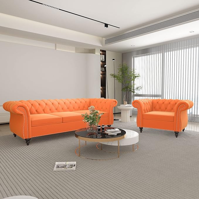 ORRD 2 Piece Living Room Set, Velvet Chesterfield Sofa Couch Chair