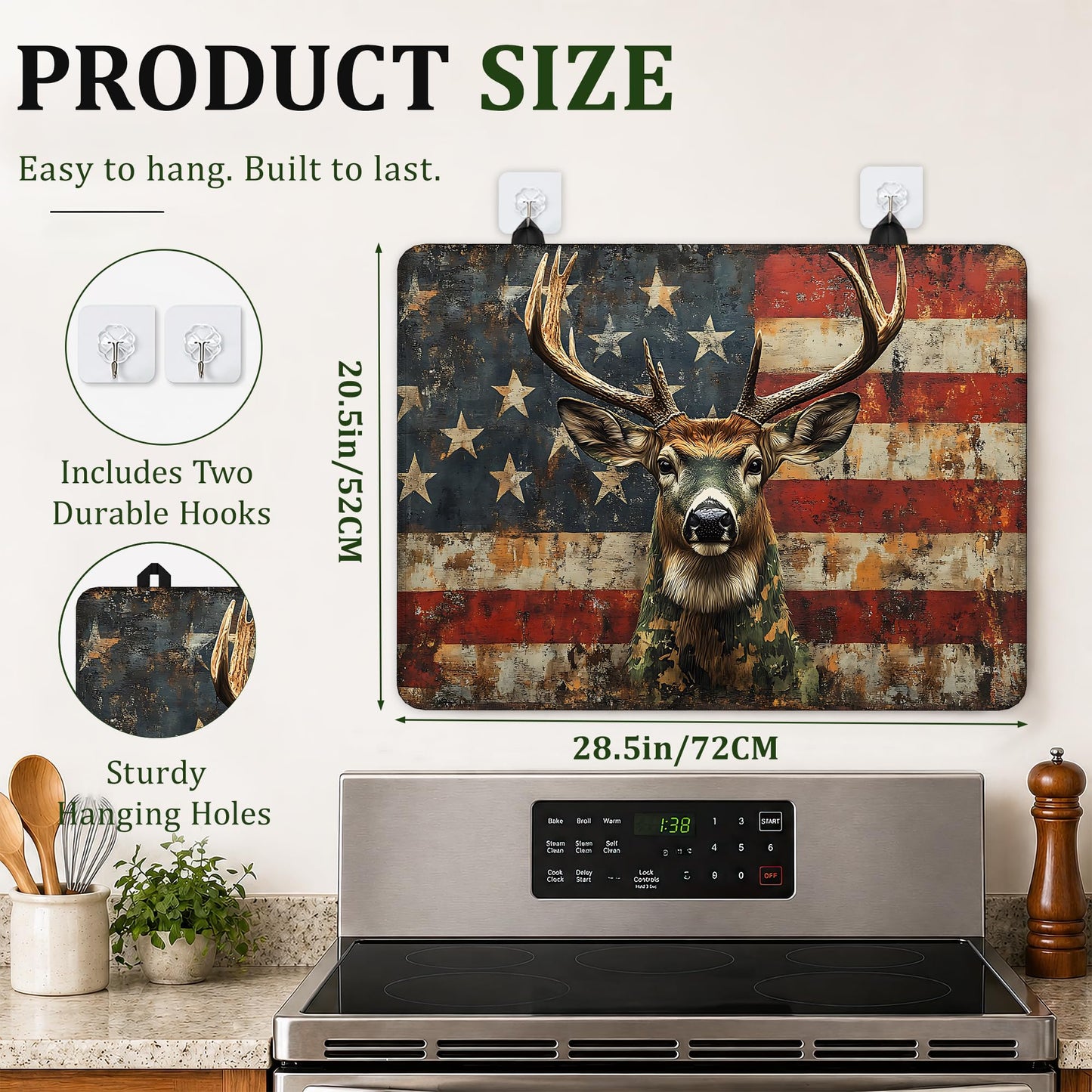 American Flag Electric Stove Top Cover Protector,Grunge Deer Glass Flat Top Stove Mat,Heat-Resistant Oven Induction Cooktop Mat for Ceramic Countertop Mats Dish Drying Mat