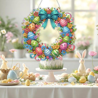 DIY Diamond Art Painting Wreath Kits，Special Shaped Rhinestone Hanging Ornament Diamond Art Window Pendants for Gift Home Garden Wall Hanging Kits,Double Sided (Easter Wreath)