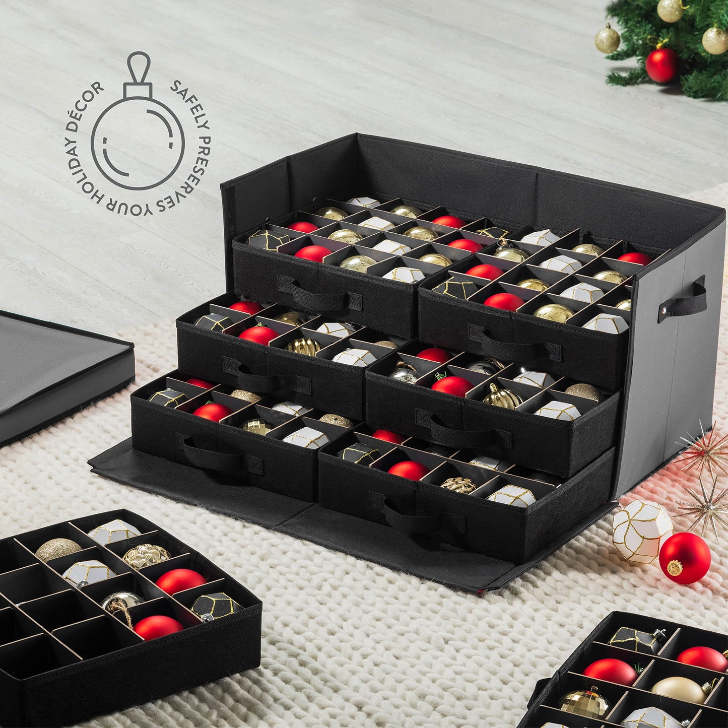 Premium Large Christmas Ornament storage Box, with Side Open, Drawer Style Trays - 3" Compartment, 8 Trays, Keeps 128 Holiday Ornaments & Xmas Accessories, Storage Container Made Of 600D Oxford Fabric
