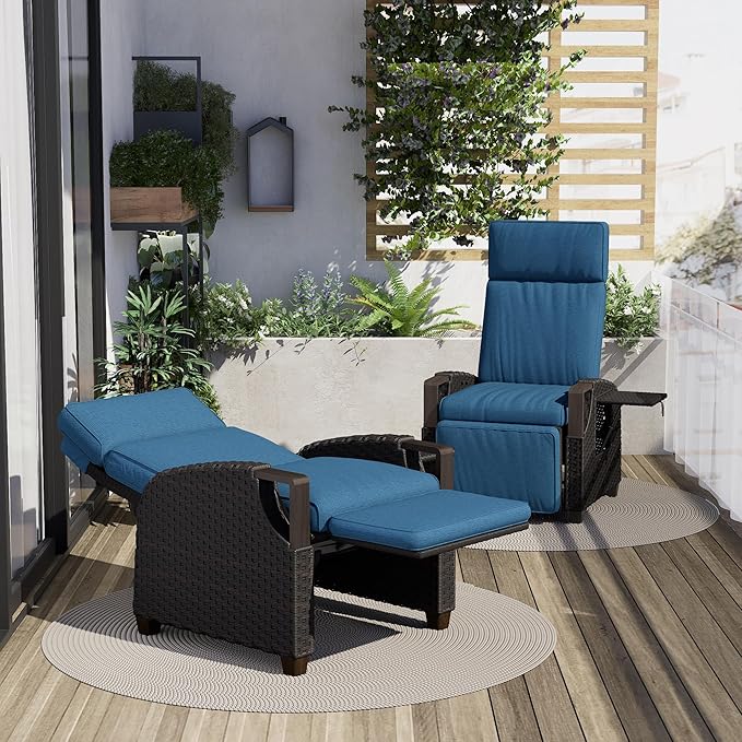 Grand patio Outdoor Recliner Air Pump 150° Lay Flat Reclining Chair with Independent Adjustable Back and Footrest Removable Olefin Cushion Flip-Up Table Wicker Peacock Blue 2PCS