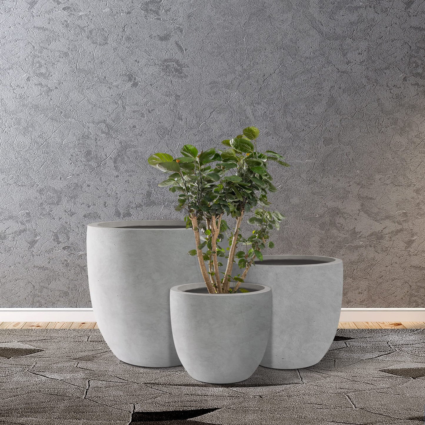 Kante 20",16.5",13.4" Dia Round Concrete Planters (Set of 3), Outdoor Indoor Modern Decorative Plant Pots with Drainage Hole & Rubber Plug for Home & Garden, Natural Concrete