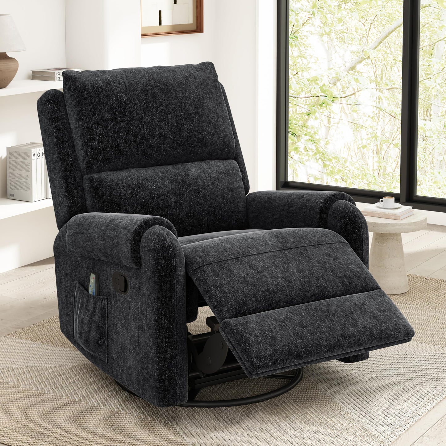 Christopher Knight Home Harper Massage Recliner Chair with 8 Modes, Chenille Upholstered Recliner Sofa, Swivel Massage Chair with a Side Storage Pocket for Living Room/Bedroom, Head Support, Black