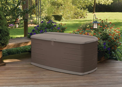 Rubbermaid Large Resin Outdoor Storage Deck Box with Seat (90 Gal), Weather Resistant, Brown, Deck Organization for Home/Backyard/Pool Chemicals/Toys/Garden Tools/Porch/Patio Cushions