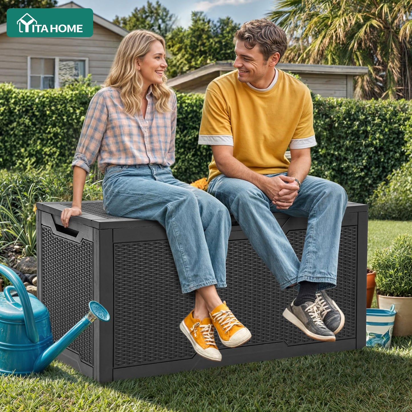 YITAHOME 100 Gallon Large Deck Box, Outdoor Resin Storage Boxes for Patio Furniture, Outdoor Cushions, Garden Tools, Water Resistant and Lockable