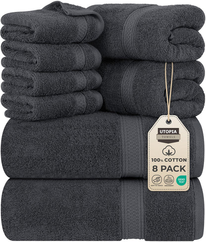Utopia Towels 8 Piece Towel Set - 2 Bath Towels, 2 Hand Towels and 4 Washcloths Cotton Hotel Quality Super Soft and Highly Absorbent (Gray)