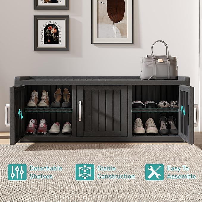 2-Tier Storage Bench, Waterproof UV-Resistant Outdoor Shoe Storage Cabinet with 3 Doors & Adjustable Shelves for Indoor Outdoor Entryway, Hallway, Living Room (Black)