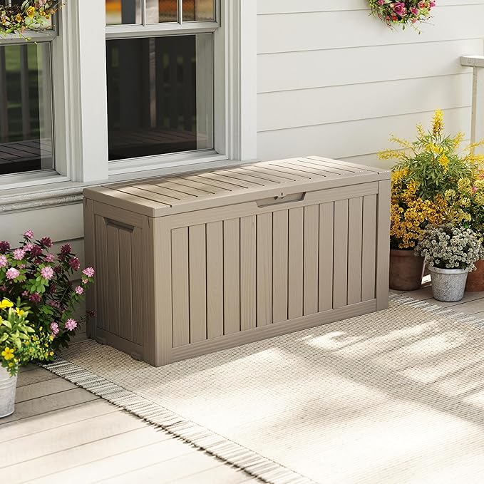 EasyUp 85 Gallon Outdoor Storage Box, Resin Waterproof UV-Resistant Deck Box, Reinforced Stability for Patio, Garden, and Poolside, Striped Gray