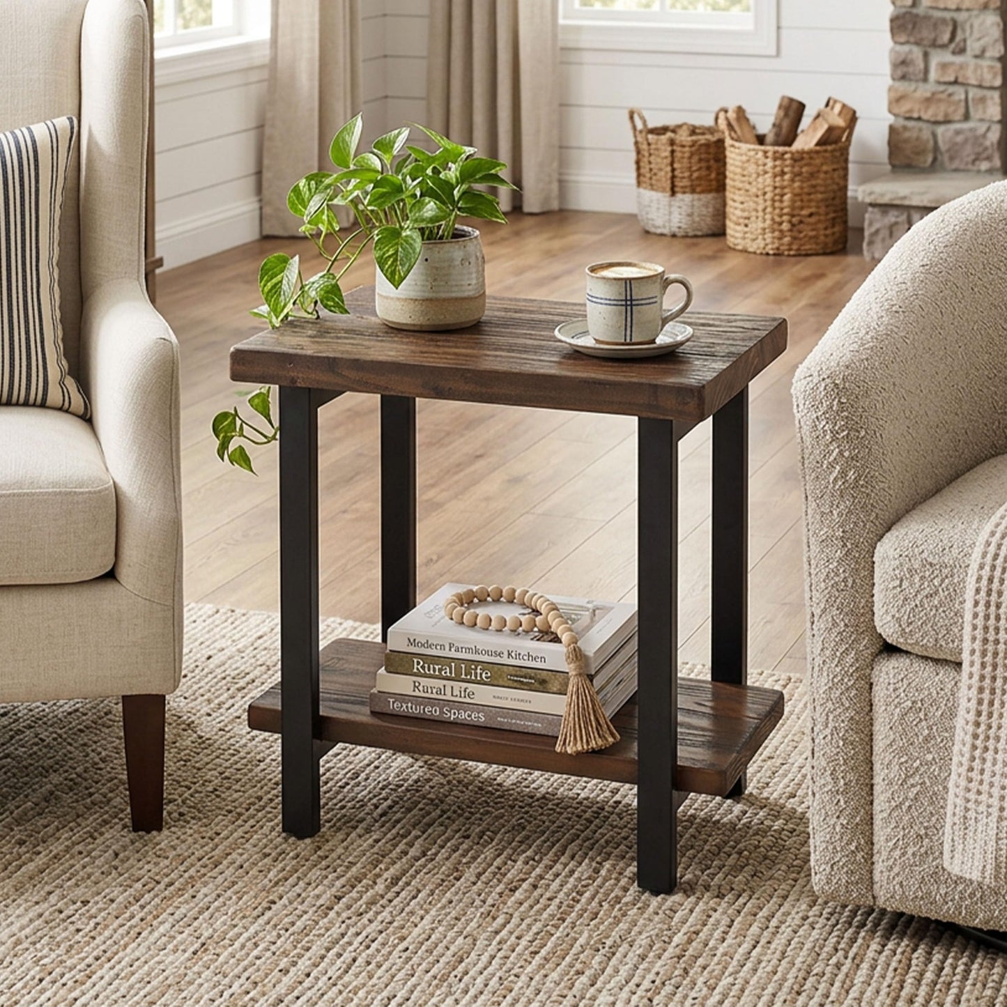 Alaterre Furniture Pomona Living Room 2-Tier Solid Wood End Table with Natural Finish and Metal Legs – Modern Farmhouse Accent or Home Décor (Rustic Brown)