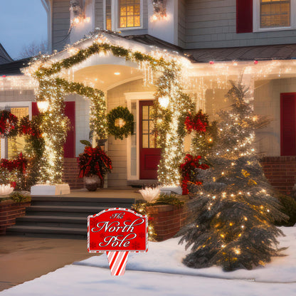 North Pole Santa Home Candy Cane Christmas Holiday Yard Sign For Lawn Grass Home or Business Front Door Durable Metal Built In Stake St. Nicholas Claus Xmas