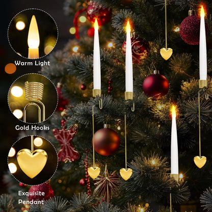 LUSHARBOR Christmas Tree Candles, 10 Pack Flameless Taper Candles for Christmas Tree Decor, Fake LED Candle Battery Operated with Remote for Xmas Wedding Home Gift with Gold Heart Hook