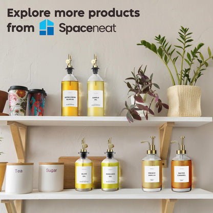 Spaceneat Olive Oil Dispenser Bottle - Includes 55 Kitchen Essential Labels - Cooking Oil Bottles for Kitchen, Coffee Syrup Dispenser - Pourer Spout with 11.8 fl oz Glass Container Cruet - 2pcs, Gold