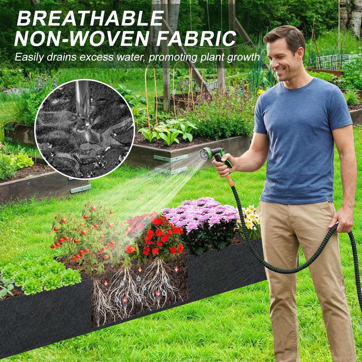 2PCS 12x2x1ft Fabric Raised Garden Bed Outdoor Patio 6 Grids Raised Planter Box Fabric Planters Grow Bags Rectangle Cloth Pots Potato Tomato Strawberry Garden Bed for Growing Vegetables Flower Herb