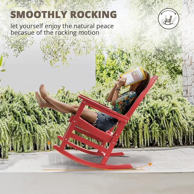 LUE BONA Outdoor Rocking Chairs Set of 2, HDPS Porch Rocker with High Back, Plastic Weather Resistant Rocking Chairs for Outdoor Indoor, Garden, Backyard, 350lb, Bright Red