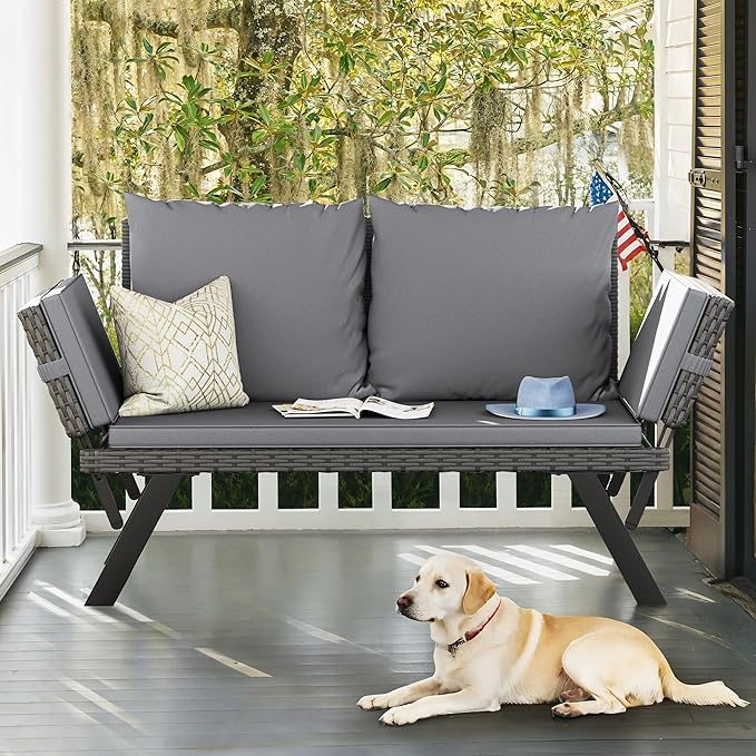 Flamaker Outdoor Convertible Sofa, Woven Rattan Patio Furniture Sunbed