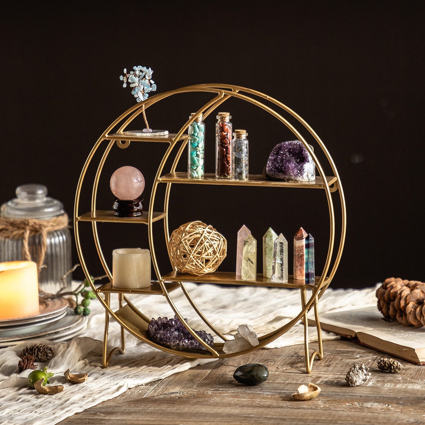 Apresolar 14'' Matte Gold Moon Shelf for Crystals - 7-Tier Open Design, Wall & Countertop Display, Modern Style, Holds Crystals, Essential Oils, Nail Polish