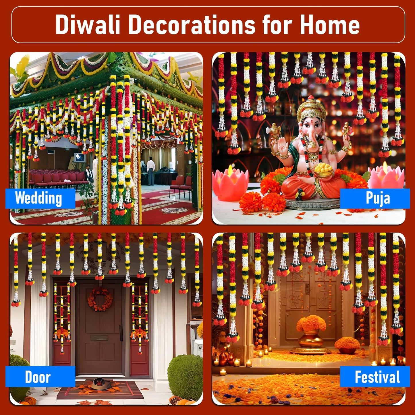 DIYANA IMPEX 4 Pc Artificial Marigold Garland with Bells, 5 Ft Long Hanging Flower Strings for Diwali Decorations, Indian Wedding, Party, Home Decor, Ganpati Hanging Decor & Mantle Decor (Red)