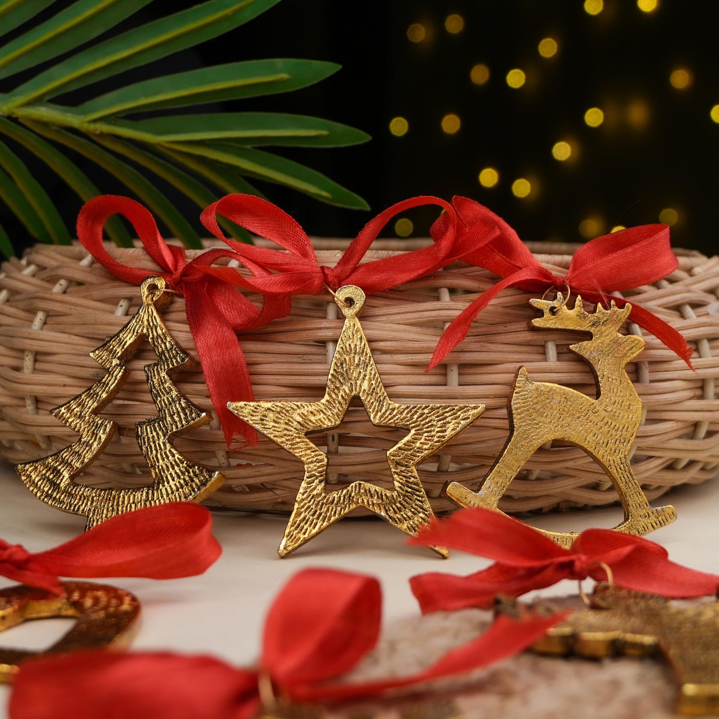 IndianShelf 12 Piece Golden Aluminum Christmas Tree Hanging Ornaments – Reindeer, Angel, Star, Snowflake, Heart & Tree Shapes for Holiday & Home Décor