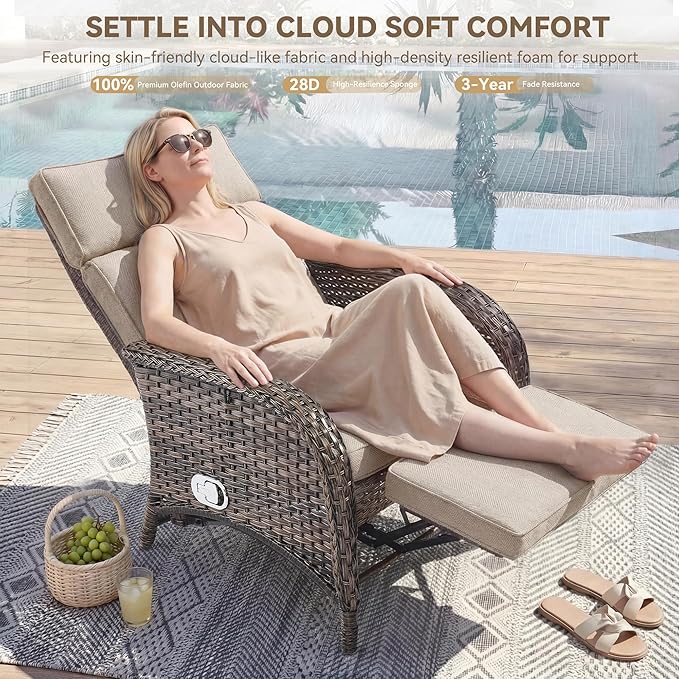 3 Pieces Zero Gravity Wicker Patio Recliner Chairs Set of 2 - Wicker Outdoor Lounge Chair with Side Table, Adjustable Backrest & Footrest, High Back Outdoor Recliner Chair for Pool Deck Beige