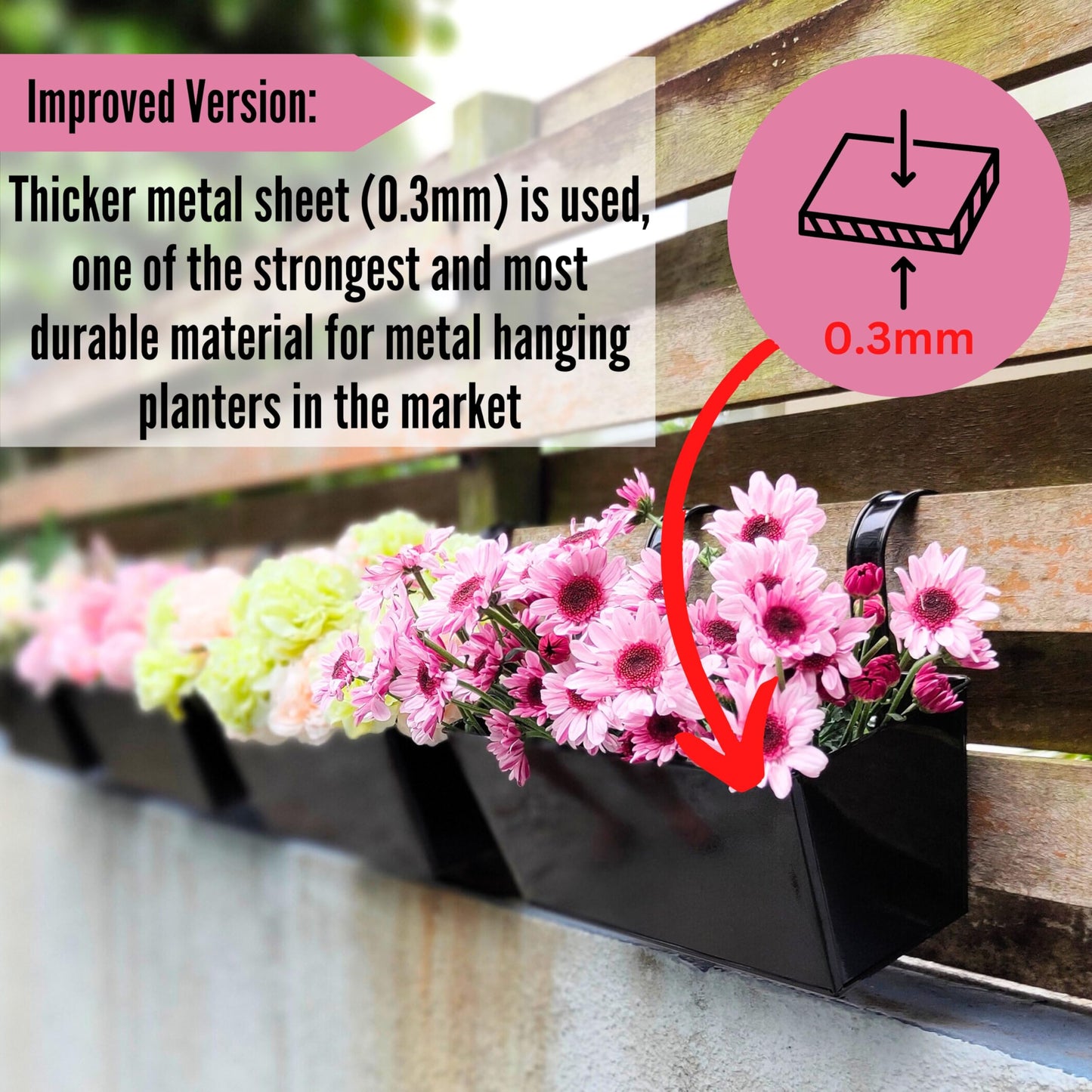 LaLaGreen Rail Planter (16 Inch, 3 Pack) Rectangular Metal Hanging Flower Iron Outdoor Deck Decoration Railing Fence Balcony Gardening for Apartment Patio Planters Modern Garden Style Porch Decor